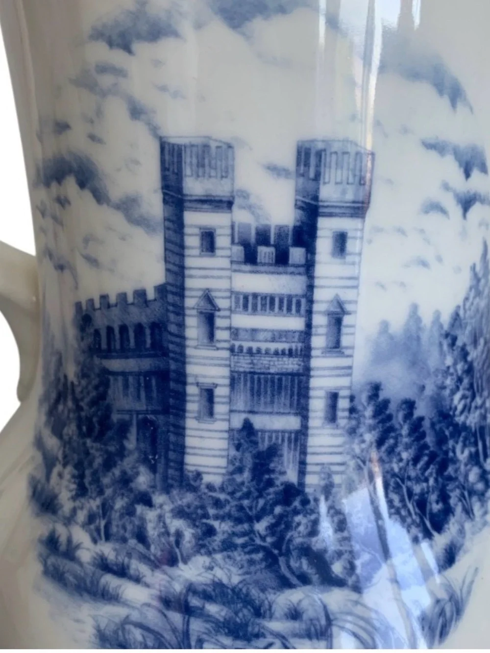 LINDA DANO Vintage Pitcher Vase Blue White Castle Ceramic QVC Cottagecore Rare